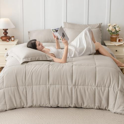 JOLLYVOGUE California King Comforter Set, Ultra-Soft Bed in a Bag Cal King Size 7 Pieces, Oeko-TEX Certified Bedding Set with Down Alternative Comforter, Sheets, Pillowcases & Shams, Oatmeal