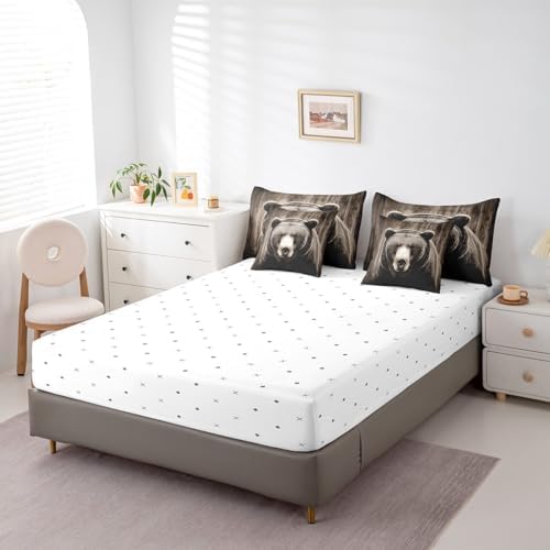 Erosebridal 3D Grizzly Bear Twin Bedding Set 7 Piece Vintage Brown Bear Comforter Set Rustic Hunting Animal Bed in a Bag Rural Wooden Board Quilt with Flat Fitted Sheet Western Cabin Bedroom Decor