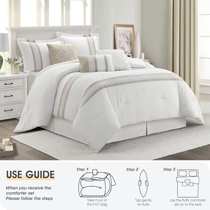 LANCO MODERN LIFESTYLE 7 Piece Comforter Set, Taupe White, Queen Size, Boho Style Geometric Microfiber Embroidery, Bed in a Bag with Bedskirt, Pillow Shams and Decor Pillows