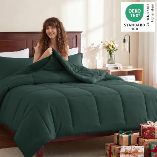 CozyLux King Size Comforter Set, 3-Piece Box-Stitched, Forest Green