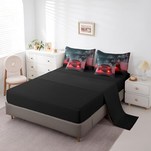 Erosebridal Red Race Car 7 Pieces Bedding Set Full Size,Extreme Sports Gaming Bed in a Bag,Cool Red Speed Car Bed Set Includes Comforter,Sheet Set,Pillowcases & Pillow Covers,Red Black Bedroom Decor