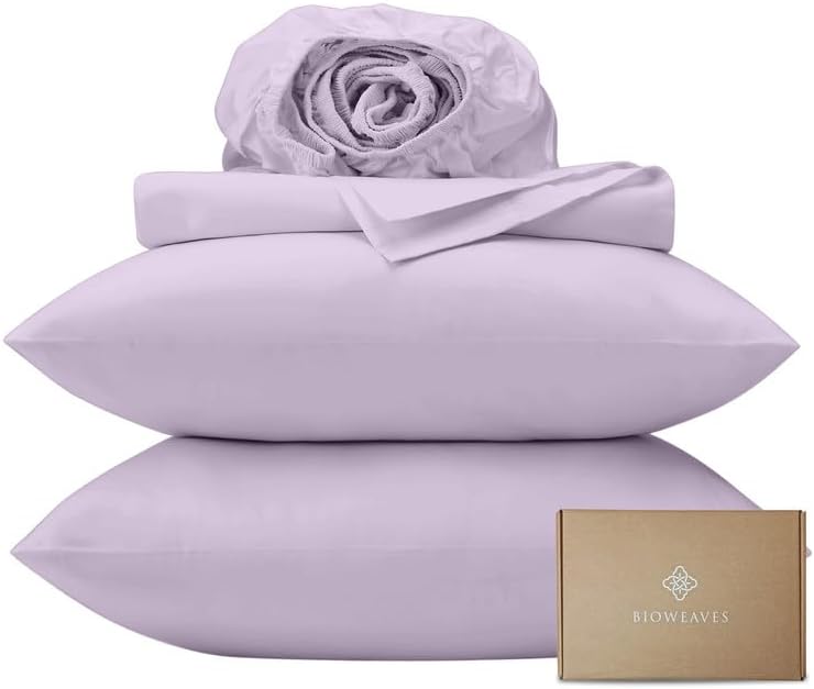 BIOWEAVES 100% Organic Cotton Sheets, 300 Thread Count 4-Piece GOTS Certified Bed Sheet Set Fits Mattress Upto 17" Deep Pocket, Soft & Silky Sateen Weave (King, Lavender)