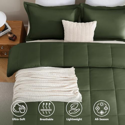 CozyLux Oversized Queen Comforter Set, 3-Piece Box-Stitched, Olive Green