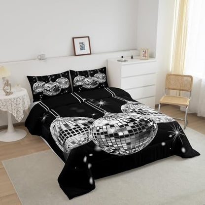 Homewish Dance Party Full Size Comforter Set,Vintage Music Black Bedding Set for Adults Teens,Children Disco Light Comforter Luxury Geometric Square Circle Quilt Set Room Decor 3Pcs