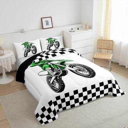 Feelyou Dirt Bike Bedding Set Kids Boys Girls King Size Racing Motocross Rider Comforter Set Teen Adult Ultra Soft Extreme Sports Comforter Motorcycle Racer Duvet Quilt Black and White Check Quilt