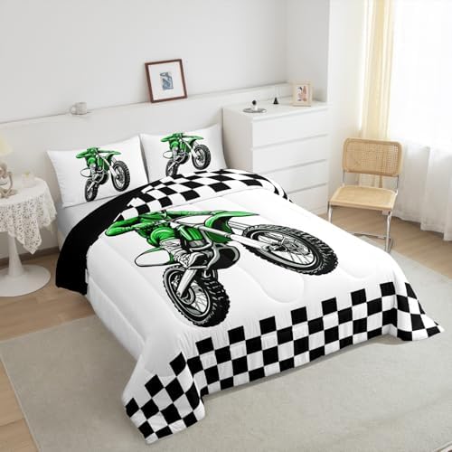 Feelyou Dirt Bike Bedding Set Kids Boys Girls Full Size Racing Motocross Rider Comforter Set Teen Adult Ultra Soft Extreme Sports Comforter Motorcycle Racer Duvet Quilt Black and White Check Quilt