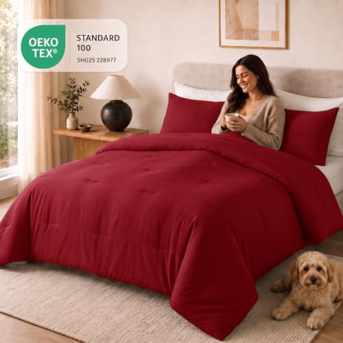 CozyLux California King Comforter Set, 3 Pieces Dark Red Quilted Bedding