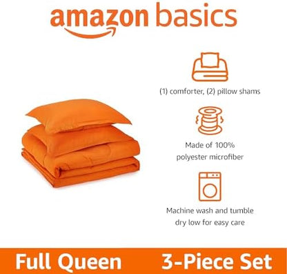 Amazon Basics 3-Piece Soft, All-Season Microfiber Kid's Comforter and Pillow Sham Set, Full/Queen, Bright Orange, Solid