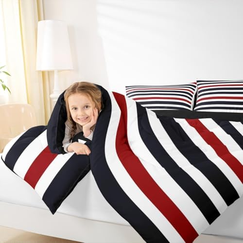 Homewish Stripe Art Comforter Set King Size,Red Black White Bedding Sets 3Pcs for Kids Girls Boys Women Room Decor,Modern Simple Quilted Duvet Abstract Art Down Comforter,2 Pillowcases