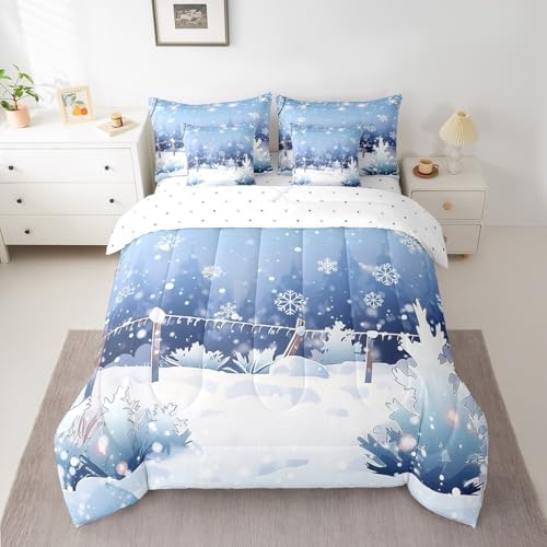Erosebridal Cartoon Winter 7 Pcs Comforter Set King, Snowflakes Bedding for Children, Xmas Mystical Wonderland Starry Sky Night Bed in A Bag Sheet Set, Blue New Year Holiday Shiny Coniferous Quilt