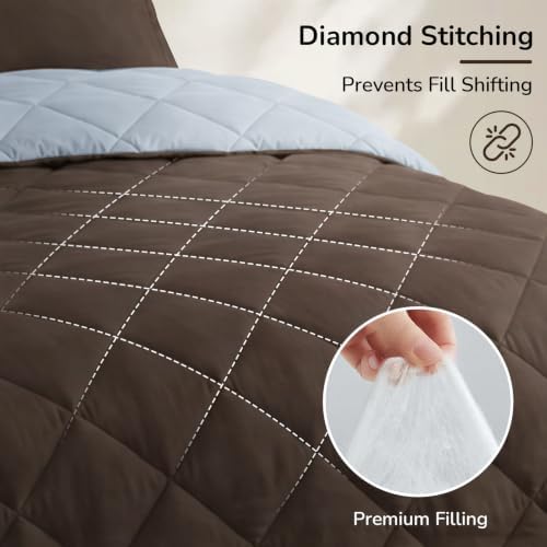downluxe King Comforter Set Soft Reversible 3 Pieces, Brown/Blue
