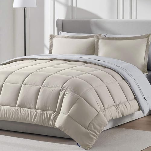 Nestl 9 Piece King Comforter Set – Beige Reversible Bed in a Bag – Complete King Size Bedding Set with Sheets, Set of 2 Cooling Pillows, Pillowcases and Shams