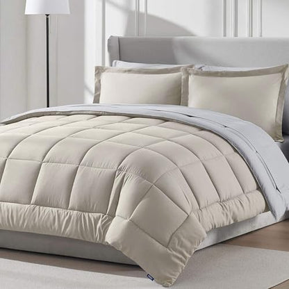 Nestl 9 Piece King Comforter Set – Beige Reversible Bed in a Bag – Complete King Size Bedding Set with Sheets, Set of 2 Cooling Pillows, Pillowcases and Shams