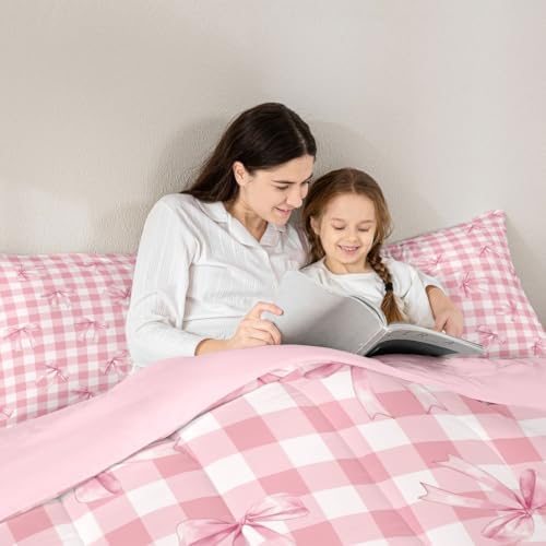 jejeloiu Checkerboard Bowknot Comforter Set All Season Pink Bow Bedding Set with 1 Pillow Cases Plaid Microfiber Kids Toddler Bedclothes Green Bedroom Decor Duvet Quilt Breathable Soft Lightweight