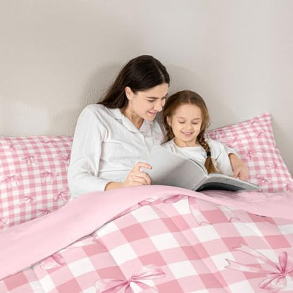 jejeloiu Checkerboard Bowknot Comforter Set All Season Pink Bow Bedding Set with 1 Pillow Cases Plaid Microfiber Kids Toddler Bedclothes Green Bedroom Decor Duvet Quilt Breathable Soft Lightweight