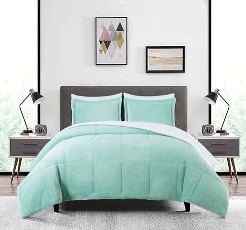 Chezmoi Collection Ultra-Soft Micromink Sherpa King Size Comforter Set with 2 Pillow Shams - Aqua Reversible Plush Bedding Comforter 3-Piece Set Warm Winter Blanket