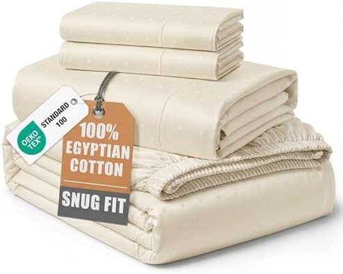 LANE LINEN King Size 100% Egyptian Cotton Sheets Sateen - Ivory Swiss Dot
