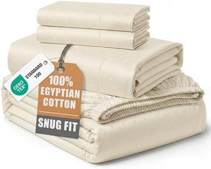 LANE LINEN King Size 100% Egyptian Cotton Sheets Sateen - Ivory Swiss Dot