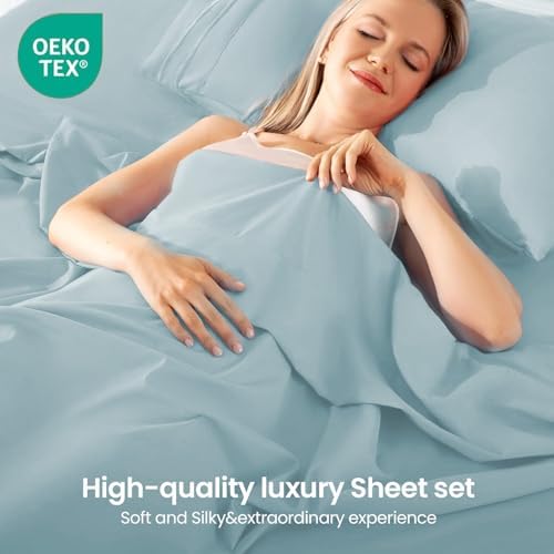 ROSE&RISY Light Blue King Sheet Set, 4 Pieces Soft Bedding King Sheet Set, Breathable and Cooling,Includes 1 Fitted, 1 Flat, 2 Pillowcases - Deep Pocket (Light Blue, King)