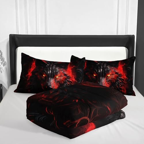 Nttopship Wolf Printed Bedding Set, Wolf Comforter Set King Size,Boys Bedding Set 100% Soft Ultra-fine Fiber Four Season Red Flame with 1 Comforter and 2 Pillow Case