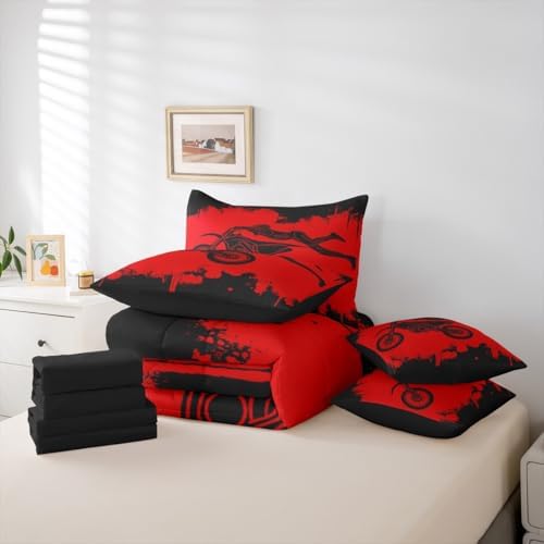 Erosebridal Dirt Bike Queen Comforter Set 7 Pieces, Motocross Rider Bed in A Bag for Bedroom, Motorcycle Game Bedding Set with Comforters, Sheets, Pillowcases Motorbike Extreme Sport Bedroom Decor