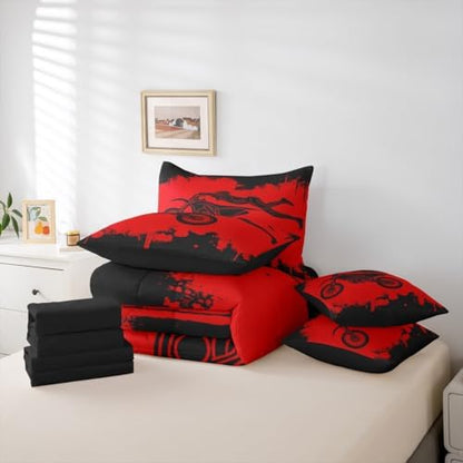Erosebridal Dirt Bike Queen Comforter Set 7 Pieces, Motocross Rider Bed in A Bag for Bedroom, Motorcycle Game Bedding Set with Comforters, Sheets, Pillowcases Motorbike Extreme Sport Bedroom Decor