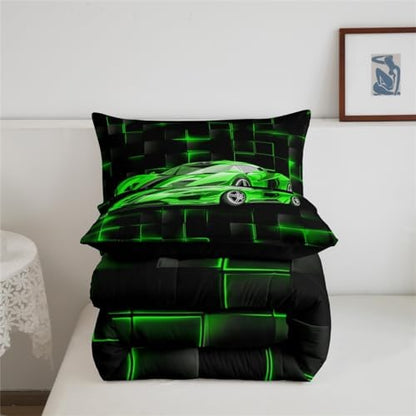 Feelyou Kids Green Race Car Comforter Set Full Size Speed Sports Car