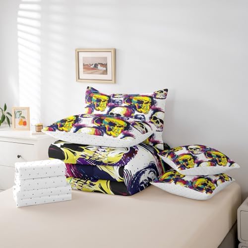 Erosebridal Sugar Skull 7 Pcs Comforter Set King Halloween Bedding Gothic Skull Skeleton Bed in A Bag Sheet Set Neon Oil Painting Quilt for Boys Men