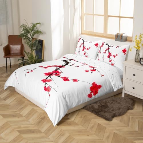 Feelyou Kids Cherry Blossoms Duvet Cover Toddler Japanese Style Bedding Set Boys Girls Sakura Flower Comforter Cover Set Floral Botanical Branches Spring Bedspread Cover（No Comforter