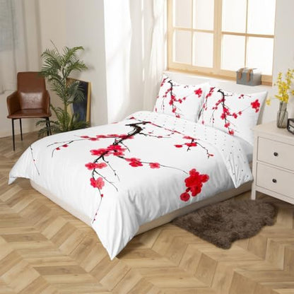 Feelyou Kids Cherry Blossoms Duvet Cover Toddler Japanese Style Bedding Set Boys Girls Sakura Flower Comforter Cover Set Floral Botanical Branches Spring Bedspread Cover（No Comforter