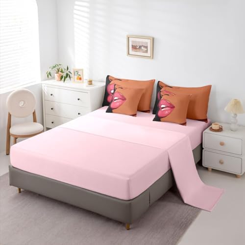 Erosebridal Black Girls Pink Comforter Sets 7 Piece for Kids African Black Women King Sheet Set Vogue Fashion Gorgeous Bedding Set for Girls Women Teens Minimalist Romantic Makeup Bed in A Bag