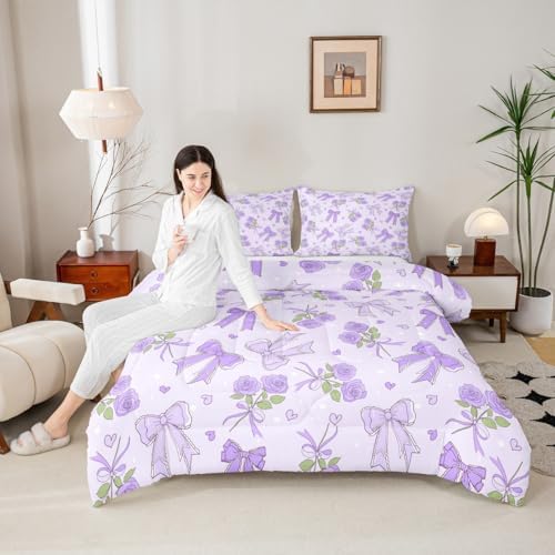 Castle Fairy Purple Bowknot Comforter Set Full Size,Romantic Rose Duvet Sets for Kids Teens Adults Bedroom Decor,Retro Farmhouse Purple Floral Ultra Soft Bedding Comforter,3 Pcs