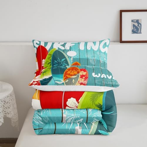 Surfboard Surf Comforter Set Queen,Blue Rustic Farmhouse Wooden Board Duvet Insert Sun Flowers Palm Tree Silhouette Bedding Set for Kids Teens Adults,Hawaiian Ocean Style Quilted Duvet,2 Pillowcases