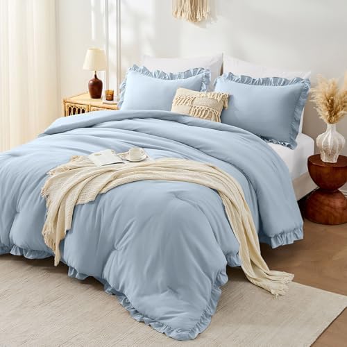 FUANNA Queen Comforter Set, 3 PCS Bedding Sets, Ruffle Bed Set Grayish Blue