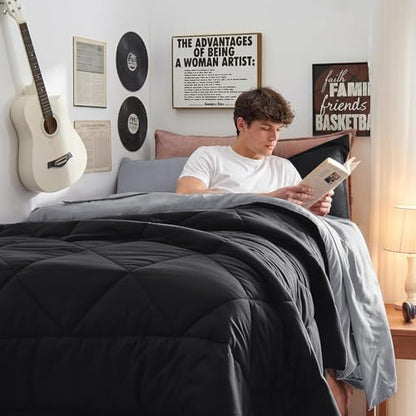 HEVUMYI 5-Piece Twin Comforter Set, Black & Light Grey Bed in a Bag