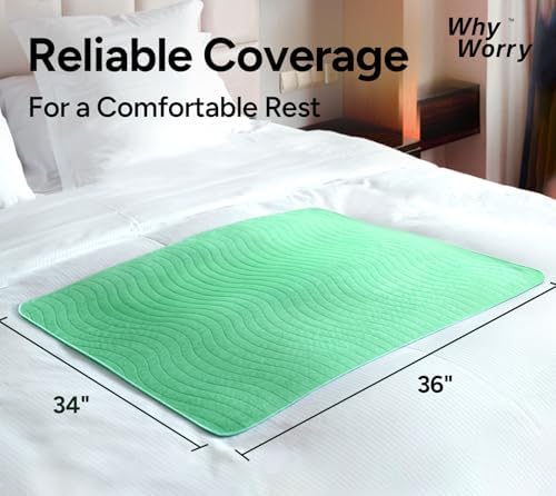 WhyWorry Washable Bed Pads for Adult Incontinence, 34"x36", Green, 4 Count