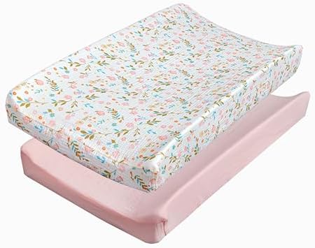 Baby Changing Pad Covers Girl, 2-Pack Changing Table Sheets, Cotton Muslin Changing Pad Covers, 32"x16" x 8" Diaper Changing Pad Cover Girl, Oeko-TEX Certified (Floral Pink Changing Pad Cover)