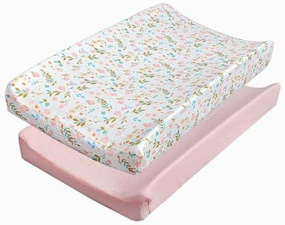 Baby Changing Pad Covers Girl, 2-Pack Changing Table Sheets, Cotton Muslin Changing Pad Covers, 32"x16" x 8" Diaper Changing Pad Cover Girl, Oeko-TEX Certified (Floral Pink Changing Pad Cover)
