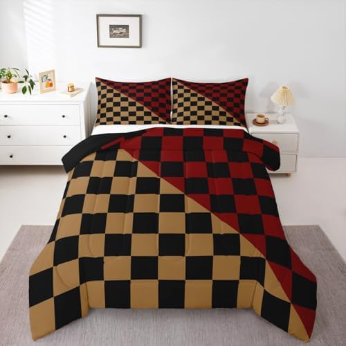 Checkered Retro Bedding Set for Boys Girls Modern Geometric Cute Comforter Set Full Size Brown Red Duvet Quilt Vintage Simple Groovy Aesthetic Bedroom Decor 3 Pcs with 2 Pillow Cases