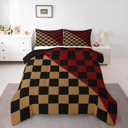 Checkered Retro Bedding Set for Boys Girls Modern Geometric Cute Comforter Set Full Size Brown Red Duvet Quilt Vintage Simple Groovy Aesthetic Bedroom Decor 3 Pcs with 2 Pillow Cases