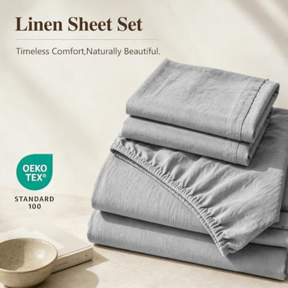MEISHANG 100% French Linen Sheets King,4 Pcs,16" Deep Pocket