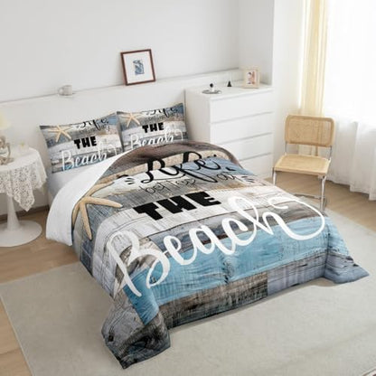 Castle Fairy Rustic Farmhouse Comforter Set King Size Beach Life Bedding 3pcs for Room Decor Blue Grey Stripes Quilted Duvet Ocean Starfish Cabin Wood Insert,2 Pillowcases(CYJS9693ZMD-BZ_USk)