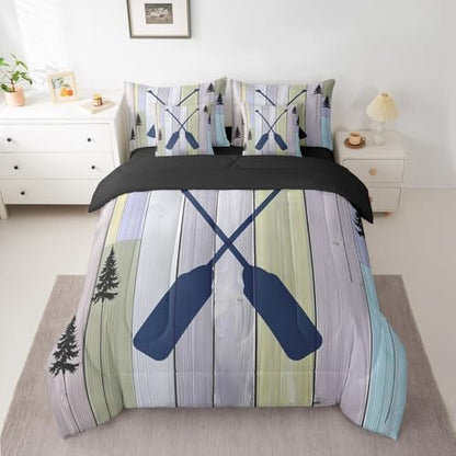 Erosebridal Rustic Farmhouse 7 Pieces Bedding Sets Old Barn Door Twin Comforter Set with Sheets for Boys Girls Kids Room Decor Blue Lake Paddle Decor Bed in a Bag Bed Set Reversible