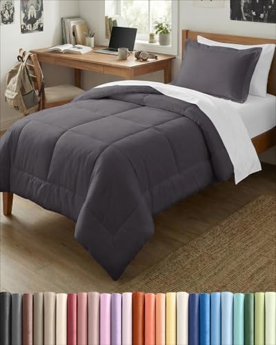 Twin Comforter Set - Dark Grey Bedding for All Seasons - 2 Piece Bed Set