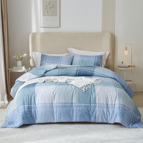 mixinni King Comforter Set 3 Piece Modern Buffalo Checkered Lightweight Comforter Geometric Plaid Pattern Blue Bedding Set for Women and Men-King Size