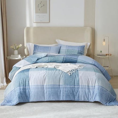 mixinni King Comforter Set 3 Piece Modern Buffalo Checkered Lightweight Comforter Geometric Plaid Pattern Blue Bedding Set for Women and Men-King Size