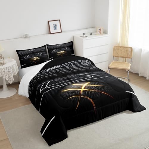 Black Golden Line Basketball Comforter Set King Size,3D Basketball Court Bedding Set for Kids Boys Teens Men Room Decor,Sports Games Theme Quilt Set Fashion Cool Duvet Insert,2 Pillowcases