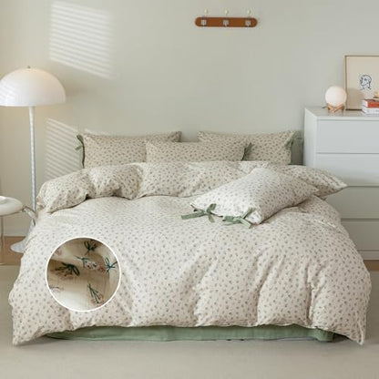 mixinni Country Style Duvet Cover Queen Size - Cottagecore Green Floral Vintage Bedding 3PC with Bow Ties Pillowcases, 100% Cotton Soft Aesthetic Boho Comforter Cover for Girls-Queen Size