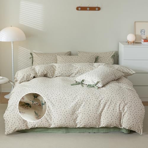 mixinni Country Style Duvet Cover Full Size - Cottagecore Green Floral Vintage Bedding 3PC with Bow Ties Pillowcases, 100% Cotton Soft Aesthetic Boho Comforter Cover for Girls-Full Size