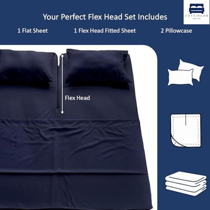 4 Piece Flex Head King Sheet Set 34" Top, 100% Egyptian Cotton, Navy Blue